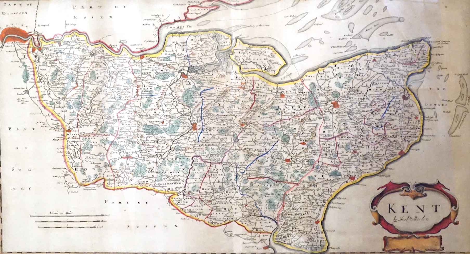 Robert Morden, coloured engraving, Map of Kent, 36 x 63cm